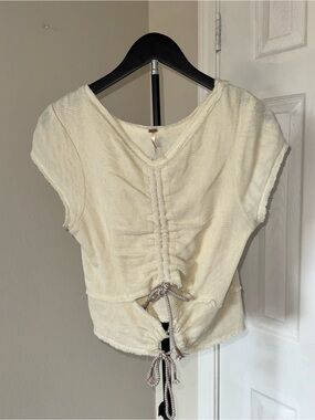 Free People Cream Drawstring Short-Sleeve Crop Top